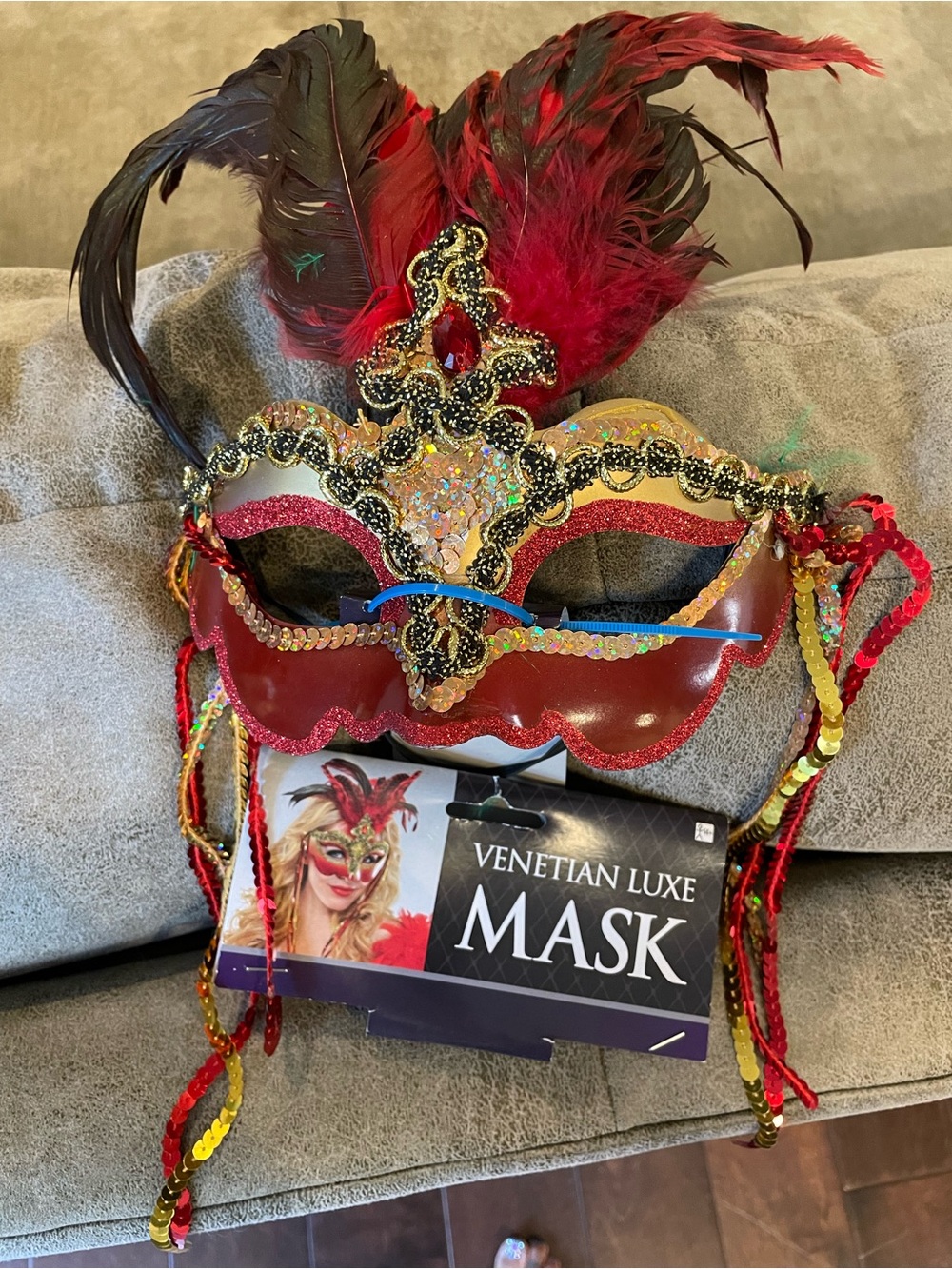 Venetian Luxe Mask Red Black Gold Feather Sequin Masquerade Halloween